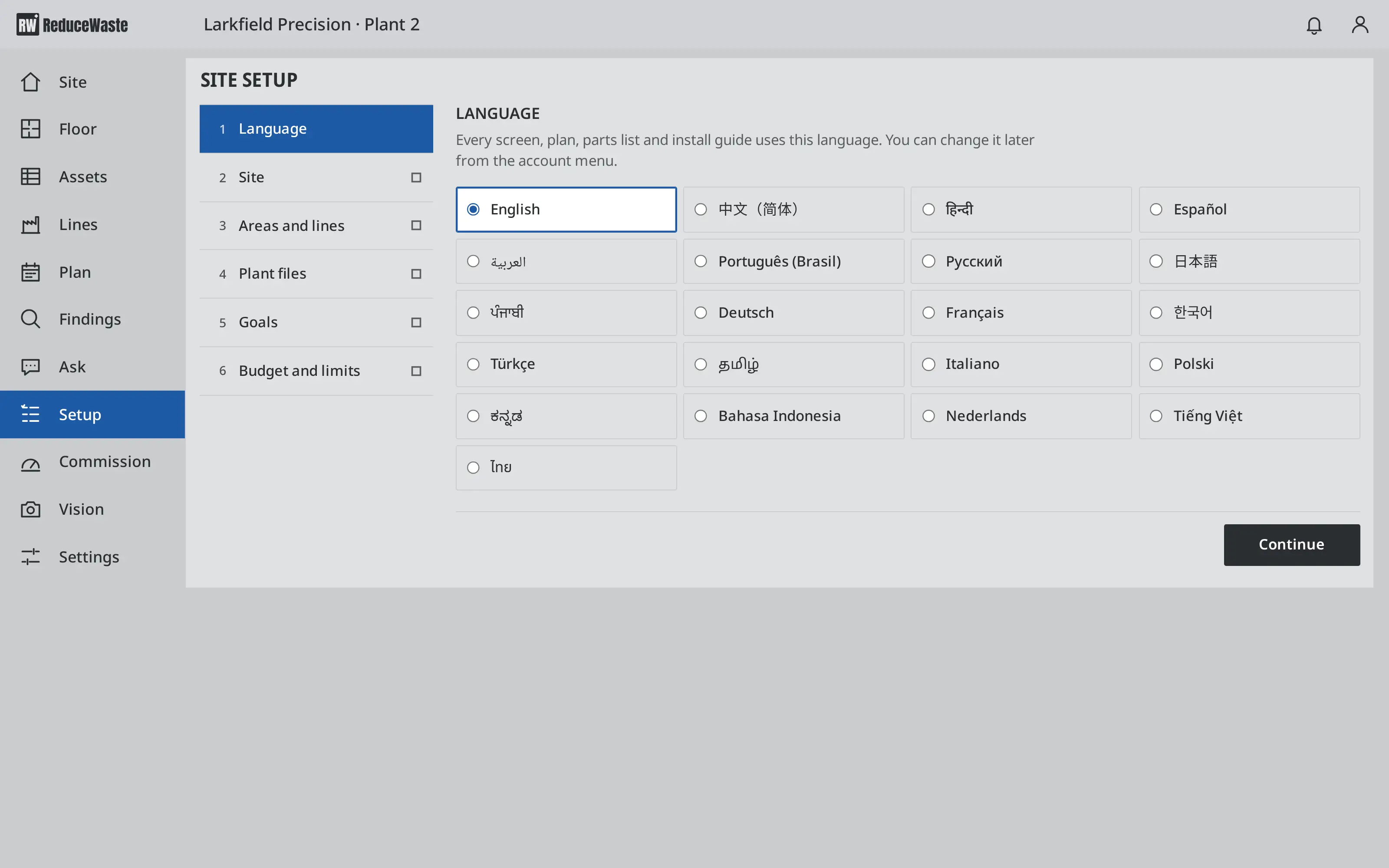 Site setup, step 1: a grid of the 21 languages with English selected.