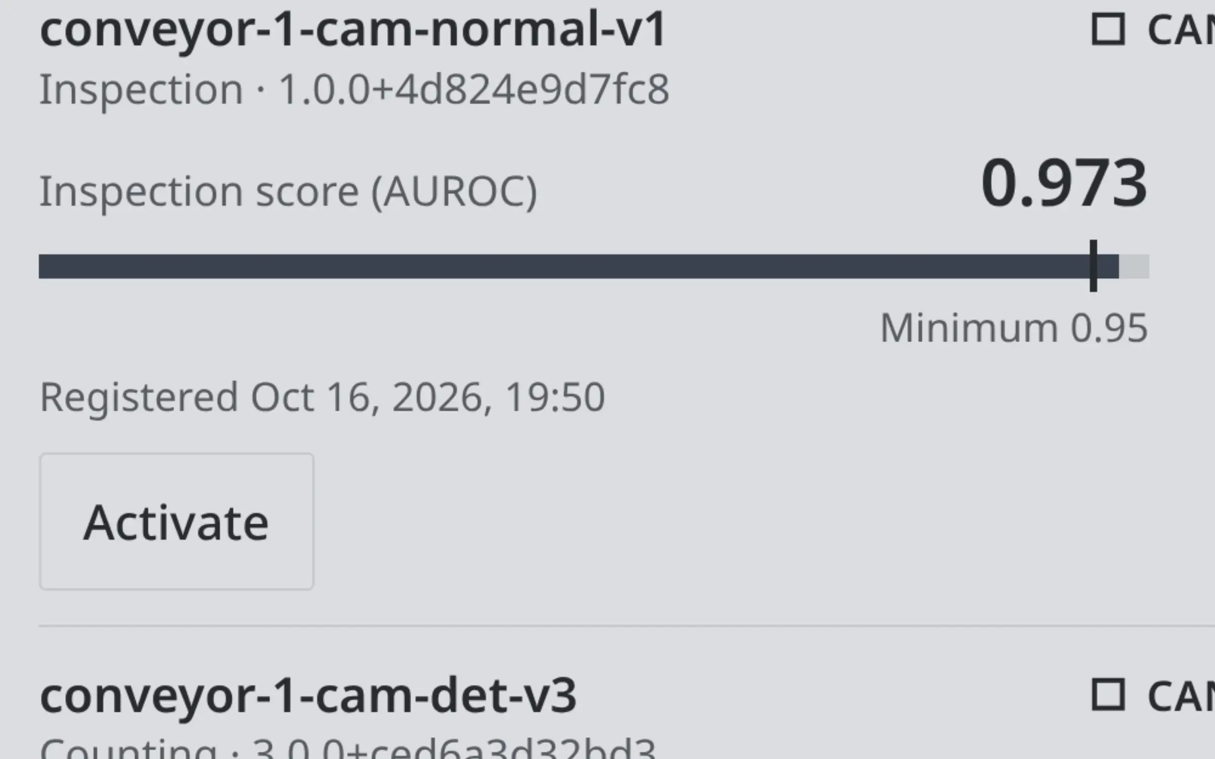 A camera inspection model with an inspection score of 0.973 against a minimum of 0.95, and an Activate button.